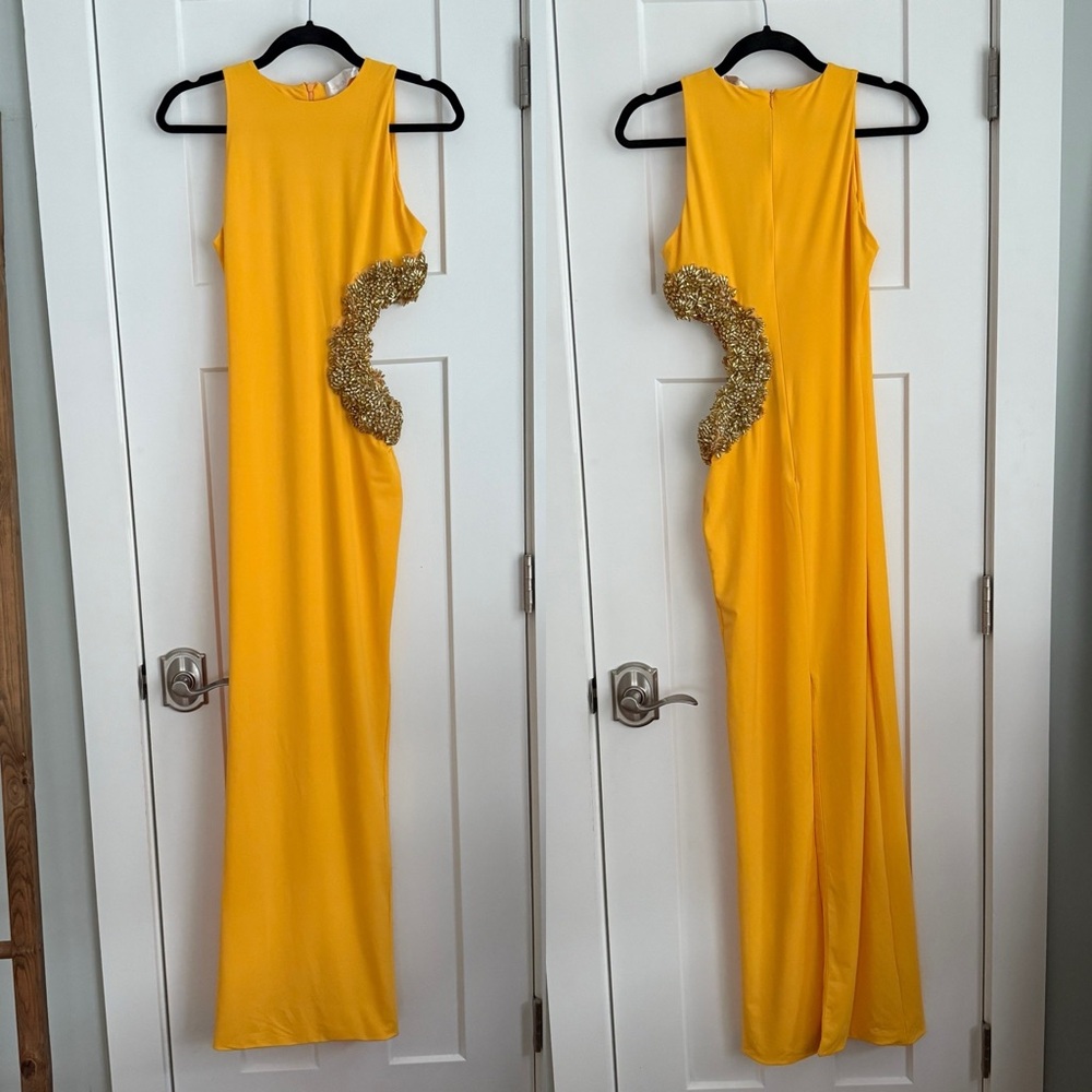 Bronx and Banco Camila Yellow Rhinestone Cutout Maxi Dress NEW with tags - Picture 3 of 11